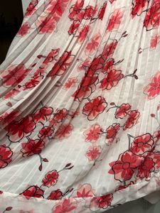 White and Pink pleated Floral Midi Skirt