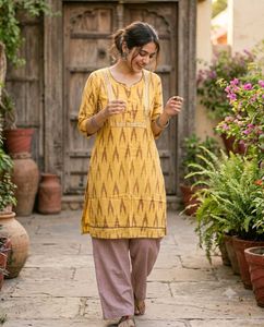 XL - Yellow Ikat Print Kurta Set