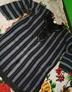Striped Kurta with Embellished Neckline