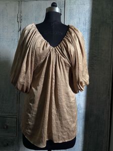 Chic Beige Ruched V-Neck Top