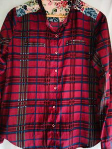 Red Plaid Button-Up Shirt with Floral Accents