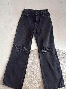 Black Distressed Wide-Leg Jeans