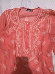 Coral Elegance Embroidered Kurti 🧡🌿
