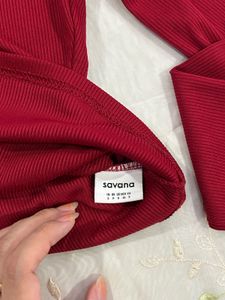 Red Long Sleeve Lace Trim Top