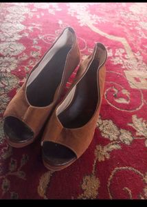 Brown Suede Peep-Toe Wedge Heels