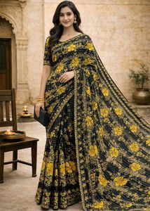 🇳🇿💫🎀Elegant Black & Gold Floral Print Saree