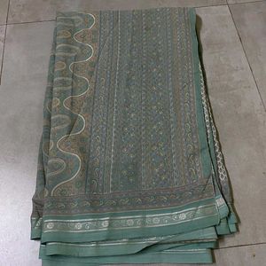🍀Sage Green Printed Synthetic Saree💚