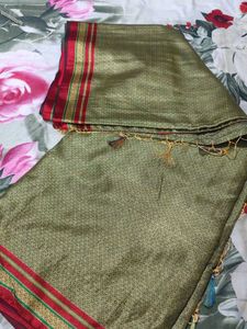 Beautiful Green khan Saree with Red Border