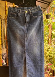Blue Denim Maxi Skirt with Front Slit