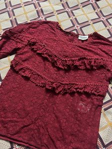 maroon Lace Ruffle Top