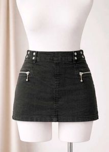 Black Denim Mini Skirt with Zipper Details