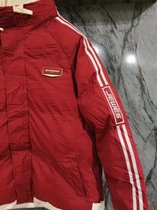 Red Padded Jacket with White Stripes