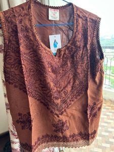Embroidered Brown Sleeveless Kurta Top