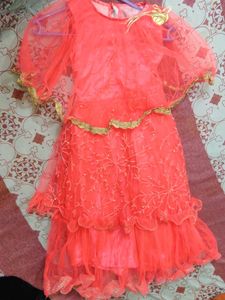 Kids Beautiful Coral Net Gown with Gold Trim