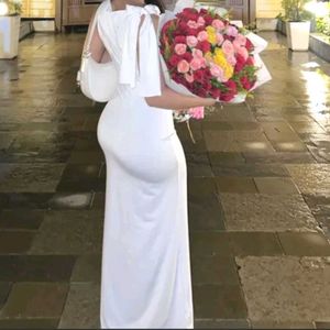 NEWME Off White Solid Tie Up Maxi Dress