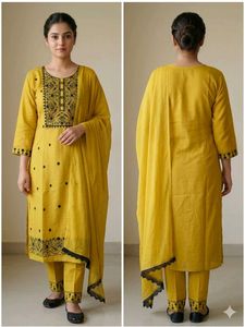 Yellow Kurta Set with Black Embroidery