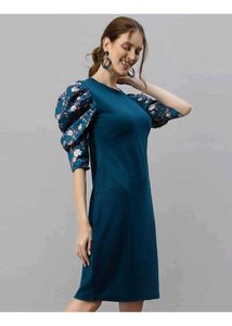 Teal Dress with Floral Puff Sleeves (small)