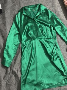 Elegant Green Satin Shirt Dress