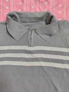 Gray Striped Zip-Up Polo Top