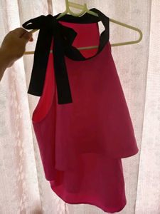 Chic Fuchsia Halter Top with Black Bow Accent