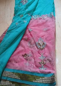 Exquisite Teal &amp; Pink Embroidered Saree