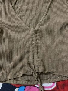 Ribbed V-Neck Drawstring brownTop