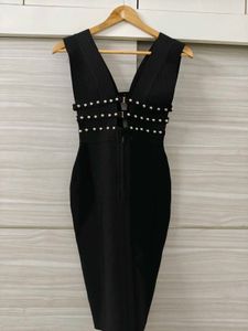 Black Studded V-Neck Bandage Dress