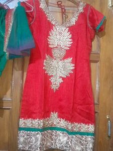 Embroidered Red Kurta Set with Green Bottom