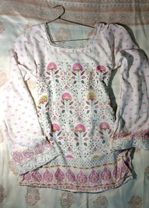 white &amp; pink floral printed lace kurti