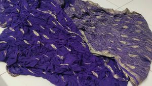Purple &amp; Gold Detailing Saree Dupatta Scarf 5.5Mtr