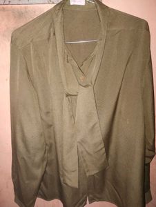 Elegant Olive Green Tie-Neck Blouse