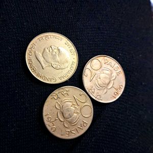 3 UNC Brass 20 paisa coins(1960-70s)