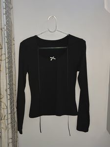 Chic Black Long Sleeve Tie-Front Top.S Size.