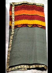 🧡 Black Checkered &amp; Sunset Striped Casual Saree