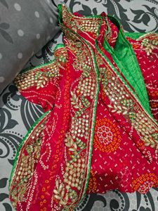 Red Bandhani Saree with Embellishments