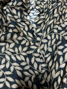 Black &amp; Beige Leaf Print Knot Detail Shirt