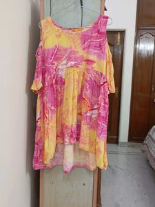 Vibrant Pink & Yellow Cold Shoulder Kurta