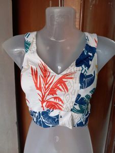 V-Neck Tropical Print Crop Top