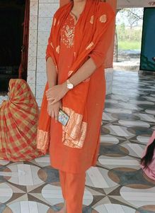 Orange Embroidered Kurta Set with Dupatta