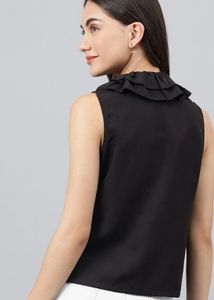 Sleeveless Black Blouse with Ruffle Collar