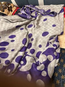 Elegant Grey &amp; Purple Polka Dot Saree