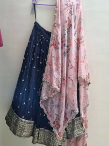 Handwork Navy Blue Lehenga Choli with Pink Dupatta