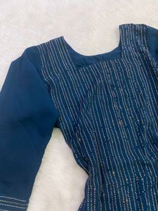 Teal Blue Rhinestone Work Kurti &amp; Parallel Trouser
