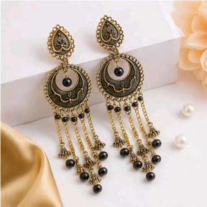 Antique Gold Jhumka Earrings with Black Beads