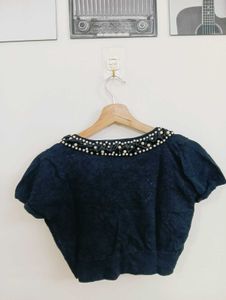 Chic Black Pearl Embellished Cropped Top