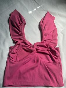 Ruffled Detail Pink Crop Top