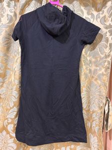 Black Hooded Dress with "LESS" Graphic