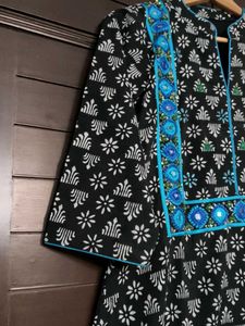 Black Printed Kurta with Blue Embroidery