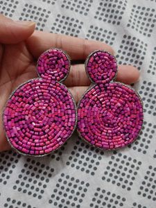 Vibrant Pink Beaded Hoop Earrings