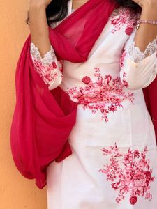 White Kurta Set with Pink Dupatta